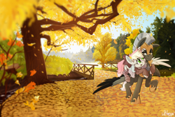 Size: 3000x2000 | Tagged: safe, artist:lionbun, oc, oc only, oc:blazey sketch, oc:tempest streamrider, pegasus, pony, armor, autumn, bow, bridge, carrying, clothes, commission, female, hair bow, high res, injured wing, leaves, male, mare, river, royal guard, socks, stallion, striped socks, tree, water, wings