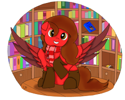 Size: 1500x1200 | Tagged: safe, artist:schumette14, oc, oc only, oc:apple chocolate, pegasus, pony, book, bookshelf, clothes, commission, library, scarf, simple background, socks, solo, striped scarf, transparent background