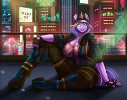 Size: 1230x969 | Tagged: safe, artist:mdwines, oc, oc:ripy, unicorn, anthro, unguligrade anthro, big breasts, breasts, city, cityscape, cleavage, clothes, cyberpunk, ear piercing, fingerless gloves, gloves, gun, handgun, hat, horn, huge breasts, jacket, lidded eyes, lips, looking at you, piercing, smiling, solo, unicorn oc