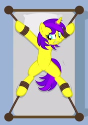 Size: 1536x2166 | Tagged: safe, artist:equestria secret guard, oc, oc only, oc:清明上坟图, pony, unicorn, armpits, bed, belly button, bondage, featureless crotch, helpless, horn, horn ring, magic suppression, on bed, ring, rope, rope bondage, sexy, solo, spread eagle, tied to bed, tied up, unicorn oc