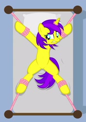 Size: 1536x2166 | Tagged: safe, artist:equestria secret guard, oc, oc only, oc:清明上坟图, pony, unicorn, armpits, bed, belly button, bondage, featureless crotch, helpless, horn, horn ring, magic suppression, on bed, ring, rope, rope bondage, sexy, solo, spread eagle, tied to bed, tied up, unicorn oc
