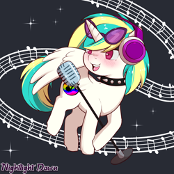 Size: 1200x1200 | Tagged: safe, artist:nightlight dawn, oc, oc:blubble beats, alicorn, pony, alicorn oc, horn, music, music notes, singing, unicon, wings