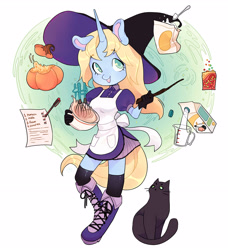 Size: 2693x2959 | Tagged: safe, artist:pandachenn, oc, cat, unicorn, anthro, apron, clothes, equine, high res, pumpkin, solo, witch