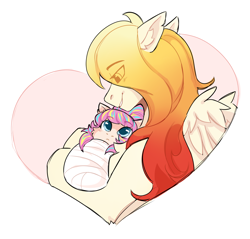 Size: 2340x2240 | Tagged: safe, artist:dorkmark, artist:pandachenn, oc, oc only, pegasus, pony, baby, baby pony, collaboration, female, heart, high res, love, mother and child, smiling, solo