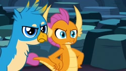 Size: 1920x1080 | Tagged: safe, screencap, gallus, smolder, dragon, griffon, g4, season 9, uprooted, 1080p, dragoness, duo, female, gallus is not amused, hand on hip, male, reaction image, smolder is not amused, unamused