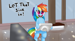 Size: 3999x2194 | Tagged: safe, artist:yelowcrom, rainbow dash, pegasus, pony, g4, beanbrows, bipedal, elon musk, eyebrows, eyebrows visible through hair, female, high res, kitchen sink, mare, meme, meta, pun, sink, solo, twitter, visual pun