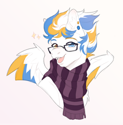 Size: 2304x2351 | Tagged: safe, artist:pandachenn, oc, oc only, oc:alan techard, pegasus, pony, bust, clothes, glasses, high res, portrait, scarf, solo, striped scarf