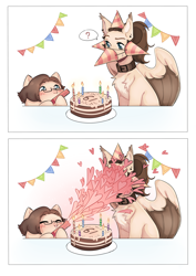 Size: 3532x5000 | Tagged: safe, artist:pandachenn, oc, oc:dima, oc:pandachenn, earth pony, pegasus, pony, blushing, cake, chest fluff, collar, food, glasses, happy birthday, hat, holiday, party hat