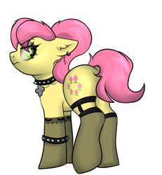 Size: 2034x2200 | Tagged: safe, artist:dumbwoofer, posey bloom, earth pony, pony, g4, g5, angry, butt, choker, clothes, collar, covering, covering crotch, ear fluff, ear piercing, earring, eyeshadow, female, g5 to g4, garter belt, generation leap, goth, high res, jewelry, looking at you, looking back, looking back at you, makeup, mare, necklace, piercing, plot, simple background, socks, solo, spiked choker, spiked collar, spiked wristband, stockings, thigh highs, transparent background, tsundeposey, tsundere, wristband