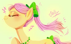 Size: 1920x1200 | Tagged: safe, artist:jully-park, posey bloom, earth pony, pony, g5, my little pony: make your mark, my little pony: make your mark chapter 2, my little pony: tell your tale, adoraposey, background pony, blushing, cute, eyes closed, female, lineless, mare, ponytail, signature, simple background, smiling, smirk, solo, yellow background