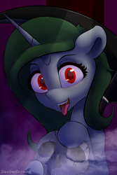 Size: 2048x3072 | Tagged: safe, artist:darbedarmoc, oc, oc:minerva, pony, unicorn, column, edgy, fangs, fog, high res, insanity, looking at you, night, red eyes, scythe, skull, solo, temple, tongue out