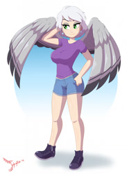 Size: 939x1280 | Tagged: safe, artist:jeglegator, oc, oc:evelyn, griffon, human, arm behind head, clothes, eyeshadow, female, griffon oc, humanized, humanized oc, legs, lidded eyes, looking away, makeup, shirt, shoes, shorts, smiling, solo, t-shirt, wings