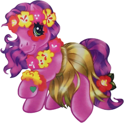 Size: 1119x1116 | Tagged: safe, artist:lyn fletcher, skywishes, earth pony, pony, g3, official, anklet, butterfly island, clothes, cute, cutewishes, face paint, female, floral head wreath, flower, flower in hair, flower in tail, grass skirt, hibiscus, hoof heart, hula, jewelry, lei, makeup, raised hoof, simple background, skirt, solo, tail, transparent background, tropical
