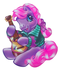 Size: 1093x1280 | Tagged: safe, artist:lyn fletcher, sweetsong, earth pony, pony, g3, official, blue eyes, bow, braid, clothes, guitar pick, hair bow, happy, heart, heart eyes, musical instrument, pink hair, playing instrument, shirt, simple background, sitting, sweater, transparent background, ukulele, wingding eyes