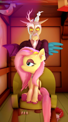 Size: 2160x3840 | Tagged: safe, artist:silkworm205, discord, fluttershy, draconequus, pegasus, pony, g4, 3d, beard, bust, chair, clothes, colored eyebrows, discord day, duo, ear piercing, earring, facial hair, female, fluffy mane, fluttergoth, folded wings, goth, high res, interior, jewelry, looking at someone, looking sideways, male, necklace, piercing, portrait, revamped ponies, ship:discoshy, shipping, shirt, sitting, source filmmaker, spread wings, straight, stroking, suit, unshorn fetlocks, wings