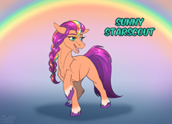 Size: 1400x1006 | Tagged: safe, artist:sunny way, sunny starscout, earth pony, pony, g5, cute, female, mane stripe sunny, mare, open mouth, rainbow, smiling, solo