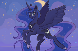 Size: 5040x3300 | Tagged: safe, artist:1racat, princess luna, alicorn, pony, g4, digital art, female, flying, hoof shoes, horn, jewelry, mare, moon, night, peytral, princess shoes, regalia, smiling, solo, sparkles, spread wings, stars, wings