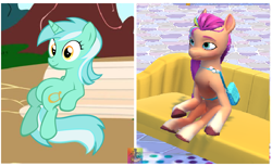 Size: 2241x1368 | Tagged: safe, artist:tamasan, budge studios, edit, lyra heartstrings, sunny starscout, earth pony, pony, unicorn, g4, g5, my little pony world, comparison, female, horse doing human things, in-universe pegasister, mare, meme, photo, ponies doing human things, sitting, sitting lyra