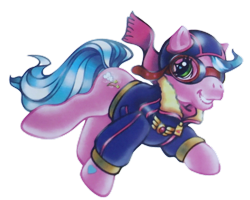 Size: 1236x988 | Tagged: safe, artist:lyn fletcher, sweet breeze, earth pony, pony, g3, official, aviator, aviator goggles, aviator hat, badge, blue mane, bomber jacket, cap, clothes, female, goggles, hat, heart, heart eyes, hoof heart, jacket, scarf, simple background, solo, transparent background, wingding eyes