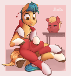 Size: 1516x1605 | Tagged: safe, artist:uliovka, hitch trailblazer, sprout cloverleaf, earth pony, pony, g5, detachable head, gay, half, headless, hitchsprout, male, modular, pink background, shipping, simple background, stallion, wat