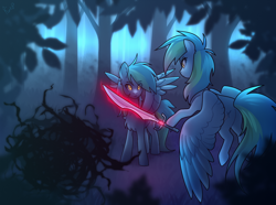 Size: 1380x1024 | Tagged: safe, artist:magicstarfriends, oc, oc only, oc:seafoam wake, pegasus, pony, undead, vampire, vampony, female, flying, forest, looking at each other, looking at someone, monster, night, pegasus oc, self paradox, self ponidox, shadow creature, standing, story included, sword, weapon
