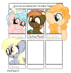 Size: 1165x1200 | Tagged: safe, artist:sugarcloudcandy, button mash, cozy glow, derpy hooves, pear butter, earth pony, pegasus, pony, g4, colt, female, filly, foal, male, mare