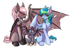 Size: 2674x1831 | Tagged: safe, artist:pissbaby, oc, oc:camille, oc:rosa cavalier, oc:seafoam wake, undead, vampire, vampony, cute, female, filly, foal, heterochromia, holes in wings, mare, simple background, spread wings, torn wings, transparent background, trio, trio female, webbed wings, wings