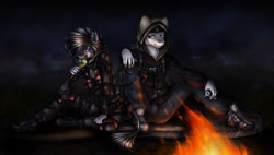 Size: 1280x729 | Tagged: safe, artist:limreiart, oc, earth pony, zebra, anthro, armor, campfire, earth pony oc, energy drink, food, hood, ice cream, ice cream cone, night, s.t.a.l.k.e.r., zebra oc