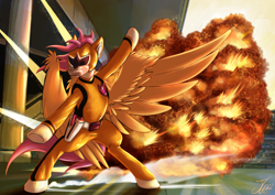 Size: 1750x1237 | Tagged: safe, artist:jamescorck, scootaloo, pegasus, pony, g4, clothes, costume, crossover, explosion, pose, power rangers, solo, spread wings, super sentai, uniform, wings