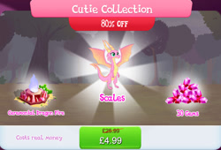 Size: 1267x860 | Tagged: safe, gameloft, scales (g4), dragon, g4, advertisement, claws, costs real money, dragoness, english, female, fire, gem, horns, numbers, sale, solo, spread wings, text, tree, wings