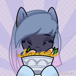Size: 1000x1000 | Tagged: safe, artist:muakki07, oc, oc only, pony, abstract background, animated, bust, eating, enjoying, eyes closed, floppy ears, food, gif, happy, noodles, portrait, ramen, ramen face, slurping, solo, sparkles