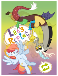 Size: 754x1000 | Tagged: safe, artist:jennieoo, discord, oc, pegasus, pony, g4, clock, cover, fanfic art, looking at you, shocked, shocked expression, show accurate, simple background, smiling, smiling at you, spread wings, vector, wings