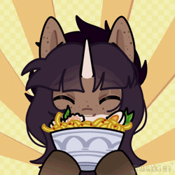 Size: 1000x1000 | Tagged: safe, artist:muakki07, oc, oc only, pony, unicorn, abstract background, animated, bust, eating, enjoying, eyes closed, floppy ears, food, freckles, gif, happy, horn, noodles, portrait, ramen, ramen face, slurping, solo