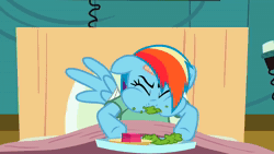Size: 250x141 | Tagged: safe, screencap, rainbow dash, pegasus, pony, g4, read it and weep, animated, bandage, bandaid, barely animated, bed, broken wing, chewing, eating, gif, gif for breezies, gross, herbivore, hospital bed, hospital gown, loop, messy eating, nom, picture for breezies, slideshow, wings