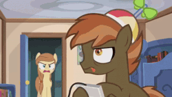 Size: 600x338 | Tagged: safe, artist:jan, button mash, oc, oc:cream heart, earth pony, pony, button's adventures, g4, angry, animated, colt, cream heart is not amused, female, foal, gif, hat, male, mare, mother and child, mother and son, propeller hat, up all night