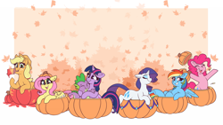 Size: 3840x2160 | Tagged: safe, artist:graphene, part of a set, applejack, fluttershy, pinkie pie, rainbow dash, rarity, spike, twilight sparkle, dragon, earth pony, pegasus, pony, unicorn, g4, autumn, cute, eyes closed, female, floppy ears, folded wings, hat, high res, hug, leaning back, leaves, looking at you, lying down, mane seven, mane six, mare, mouth hold, open mouth, open smile, paintbrush, prone, pumpkin, pumpkin hat, smiling, smiling at you, spread wings, unicorn twilight, wallpaper, wings