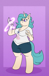 Size: 828x1280 | Tagged: safe, artist:gutgunk, part of a set, oc, unicorn, anthro, unguligrade anthro, breasts, cleavage, clothes, female, hand, hips, horn, open mouth, shirt, shorts, solo, thighs, thunder thighs, transformation, unicorn oc, wide eyes, wide hips