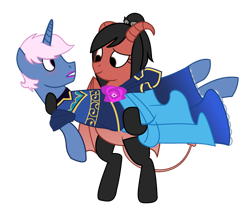 Size: 1280x1082 | Tagged: safe, artist:grapefruit-face, oc, oc only, oc:azure/sapphire, oc:zaria deibele, bat pony, demon, demon pony, pegasus, pony, succubus, unicorn, bridal carry, carrying, clothes, crossdressing, dress, female, femboy, lipstick, makeup, male, oc x oc, shipping, simple background, straight, transparent background