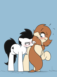 Size: 2327x3103 | Tagged: safe, artist:vipy, oc, oc:vipy, earth pony, pony, biting, blushing, butt bite, duo, high res, simple background