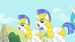 Size: 1280x720 | Tagged: safe, screencap, princess celestia, alicorn, pegasus, pony, a bird in the hoof, g4, season 1, armor, armored pony, female, jaw drop, male, mare, offscreen character, open mouth, reaction image, royal guard, shocked, stallion, trio