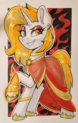 Size: 2092x3280 | Tagged: safe, artist:dandy, oc, oc only, oc:aurora shinespark, pony, unicorn, cloak, clothes, commission, copic, ear fluff, ear piercing, earring, eyeshadow, female, fire, fire magic, glowing, glowing horn, grin, high res, horn, jewelry, leg rings, looking at you, magic, makeup, mare, piercing, smiling, solo, traditional art, unicorn oc, unshorn fetlocks