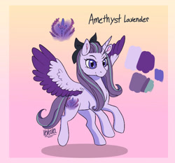 Size: 1280x1191 | Tagged: safe, artist:ladypastal, oc, oc only, oc:amethyst lavender, alicorn, pony, alicorn oc, bow, colored wings, cutie mark, female, gradient background, hair bow, horn, magical lesbian spawn, mare, offspring, parent:inky rose, parent:oc:flora may, parent:starlight glimmer, reference sheet, shadow, signature, solo, wings