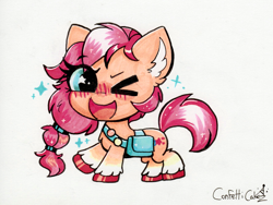 Size: 1775x1332 | Tagged: safe, artist:confetticakez, sunny starscout, earth pony, pony, g5, bag, blushing, buttons, chibi, copic, ear fluff, eye clipping through hair, hair tie, looking at you, one eye closed, open mouth, solo, traditional art, unshorn fetlocks, wingding eyes, wink