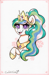 Size: 1775x2692 | Tagged: safe, artist:confetticakez, princess celestia, alicorn, pony, g4, alternate hairstyle, bust, copic, heart, heart eyes, horn, jewelry, open mouth, ponytail, regalia, solo, traditional art, wingding eyes