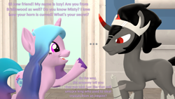 Size: 1920x1080 | Tagged: safe, artist:red4567, izzy moonbow, king sombra, pony, unicorn, the crystal empire 10th anniversary, g4, g5, ..., 3d, dramatic irony, female, gradient mane, height difference, hi new friend, king sombra is not amused, long mane, male, mare, missing accessory, slender, source filmmaker, stallion, thin, this will end in death, this will end in tears, this will end in tears and/or death, unamused