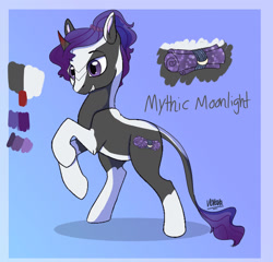 Size: 1280x1231 | Tagged: safe, artist:ladypastal, oc, oc only, oc:mythic moonlight, pony, umbrum, unicorn, coat markings, colored ears, colored horn, curved horn, cutie mark, frame, horn, leonine tail, male, offspring, parent:king sombra, parent:oc:flora may, parent:rarity, parents:sombrarity, reference sheet, signature, socks (coat markings), solo, sombra horn, tail, unicorn oc