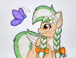 Size: 3688x2786 | Tagged: safe, artist:msaniiart, oc, oc only, oc:sylvia evergreen, butterfly, pegasus, pony, braid, braided pigtails, female, flower, flower in hair, freckles, hair tie, high res, mare, pegasus oc, pigtails, smiling, solo, traditional art, wings