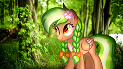 Size: 1920x1080 | Tagged: safe, artist:cstrawberrymilk, oc, oc only, oc:sylvia evergreen, pegasus, pony, g4, braid, braided pigtails, female, flower, flower in hair, forest, forest background, freckles, hair tie, mare, pegasus oc, pigtails, solo, wings