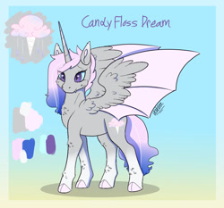 Size: 1280x1191 | Tagged: safe, artist:ladypastal, oc, oc only, oc:candy floss dream, alicorn, bat pony, bat pony alicorn, pony, alicorn oc, bat wings, cloven hooves, coat markings, cutie mark, female, frame, gradient background, gradient mane, horn, magical lesbian spawn, mare, offspring, older, parent:fleur-de-lis, parent:nightmare moon, parent:oc:flora may, reference sheet, signature, socks (coat markings), solo, wings