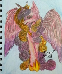 Size: 720x854 | Tagged: safe, artist:woizii, princess cadance, alicorn, pony, g4, eyes closed, female, hoof shoes, mare, signature, smiling, solo, spread wings, traditional art, wings